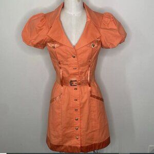 BeBe Mini orange Puff Short Sleeves Gold Buttons Pockets Satin Dress No BELT! S